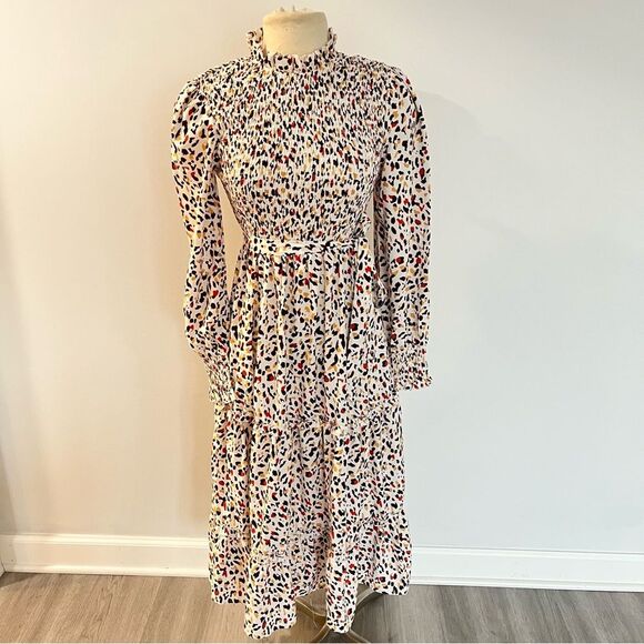 NWT KOJOONIN White/Brown Leopard Ruffle Mock Neck Long Sleeve Smocked Midi Dress - Picture 2 of 6